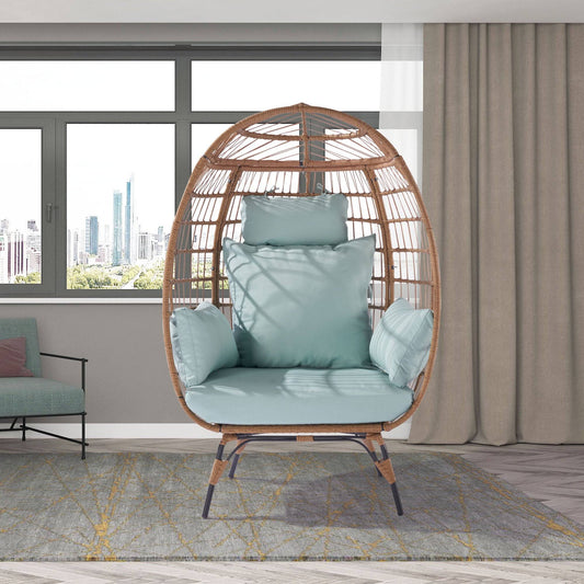 Wicker Egg Chair, Oversized Indoor Outdoor Lounger for Patio, Backyard, Living Room w/ 5 Cushions, Steel Frame, - Light Blue