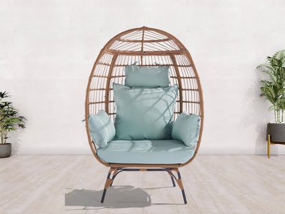 Wicker Egg Chair, Oversized Indoor Outdoor Lounger for Patio, Backyard, Living Room w/ 5 Cushions, Steel Frame, - Light Blue