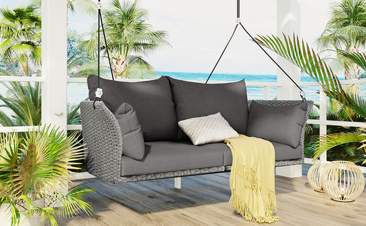 51.9" 2-Person Hanging Seat, Rattan Woven Swing Chair, Porch Swing With Ropes,  Gray Wicker And Cushion