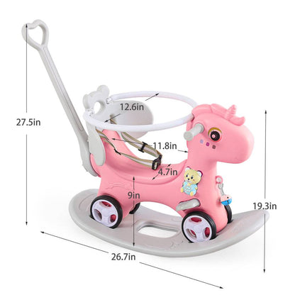 Rocking Horse for Toddlers , Balance Bike Ride On Toys with Push Handle, Backrest and Balance Board for Baby Girl and Boy, Kids Riding Birthday
