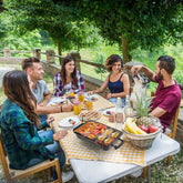 Group of people enjoying a barbecue outdoors with a scenic background