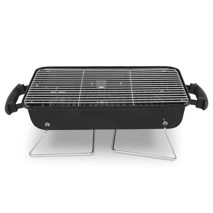 Black rectangular grill with metal grate on a white background