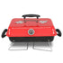 Red portable grill with black handle on a white background