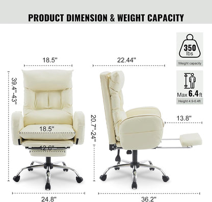 Home Office Chair with Footrest, High-Back PU Leather Computer Desk Chair, Executive Rolling Swivel Chairs with Leg Rest and Double Thick Cushion, White Office Chair (Cream White)