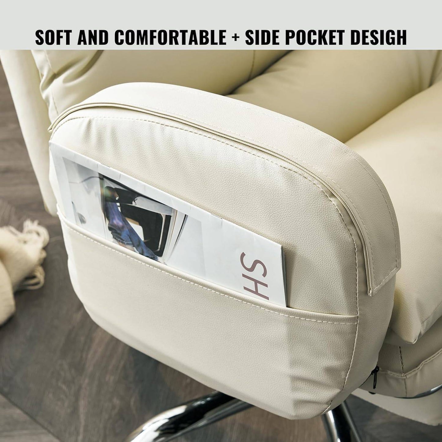 Home Office Chair with Footrest, High-Back PU Leather Computer Desk Chair, Executive Rolling Swivel Chairs with Leg Rest and Double Thick Cushion, White Office Chair (Cream White)