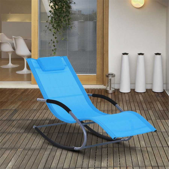 Blue outdoor garden rocking chair with headrest