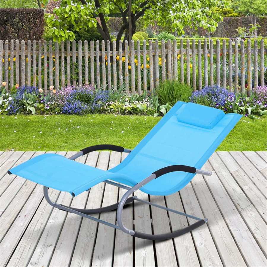 Garden rocking chair with blue fabric and cushion