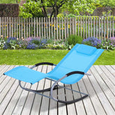 Garden rocking chair with blue fabric and cushion