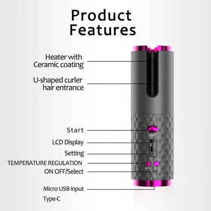Unbound Cordless Auto Rotating Ceramic Hair Curler USB Rechargeable Automatic Curling Iron LED Display Temperature Wave Curler， Grey