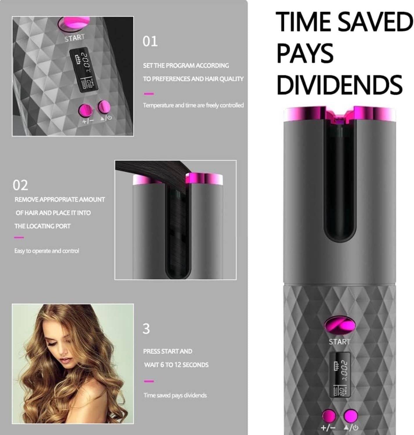 Unbound Cordless Auto Rotating Ceramic Hair Curler USB Rechargeable Automatic Curling Iron LED Display Temperature Wave Curler， Grey