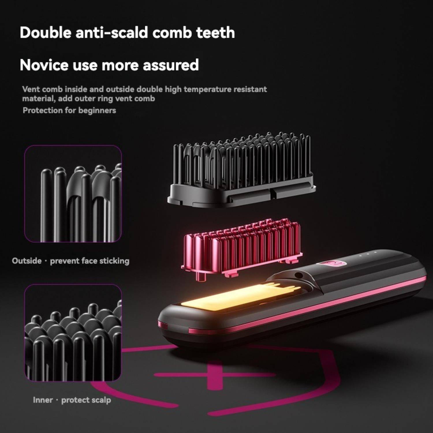 Wireless Hair Straightener Comb: Ultra.Soft Hair Brush, Portable Cordless Design, USB charging, Hidden Heating, Scalp Massage, LED Display, 30 min