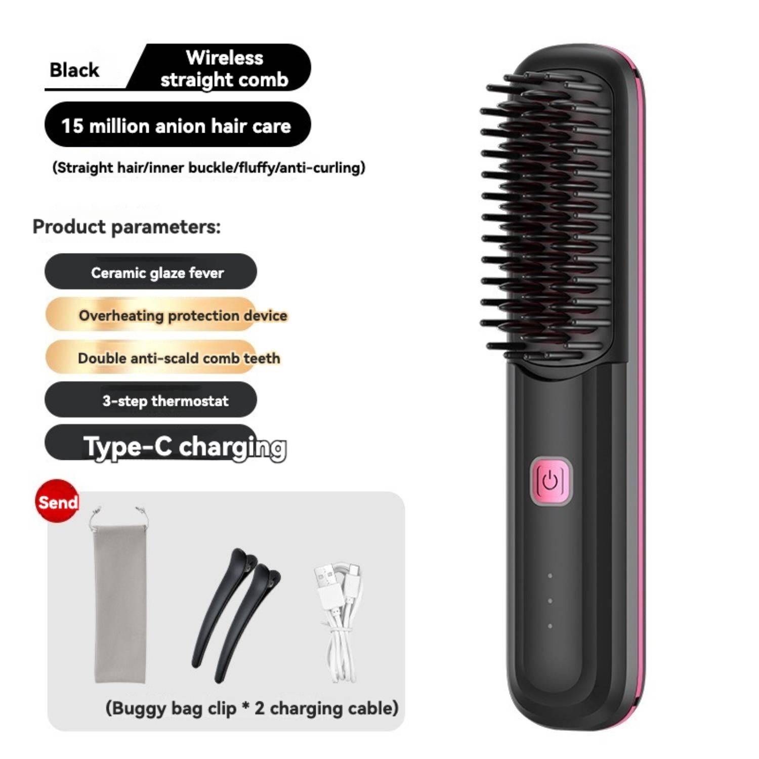 Wireless Hair Straightener Comb: Ultra.Soft Hair Brush, Portable Cordless Design, USB charging, Hidden Heating, Scalp Massage, LED Display, 30 min