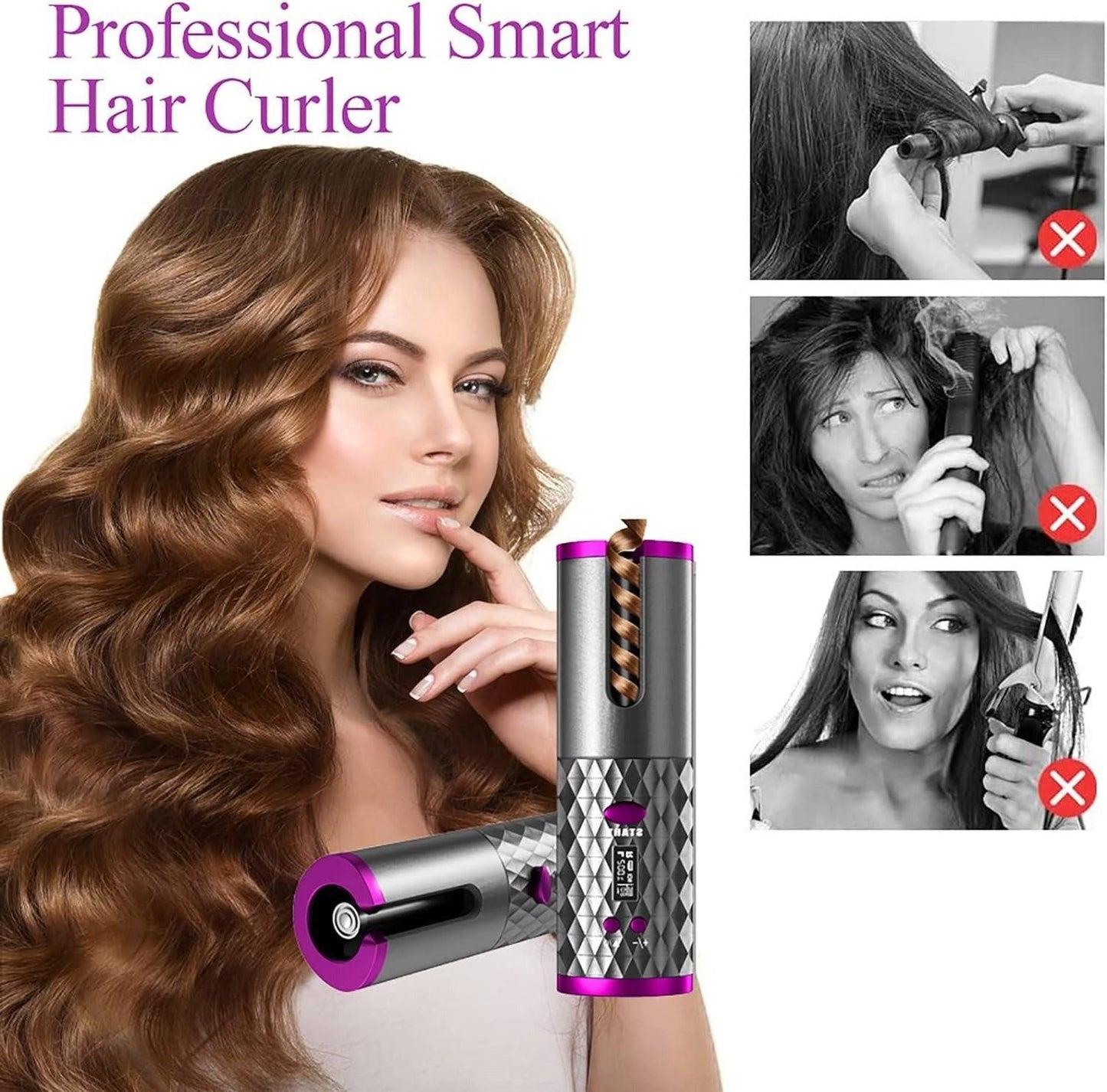 Unbound Cordless Auto Rotating Ceramic Hair Curler USB Rechargeable Automatic Curling Iron LED Display Temperature Wave Curler， pink