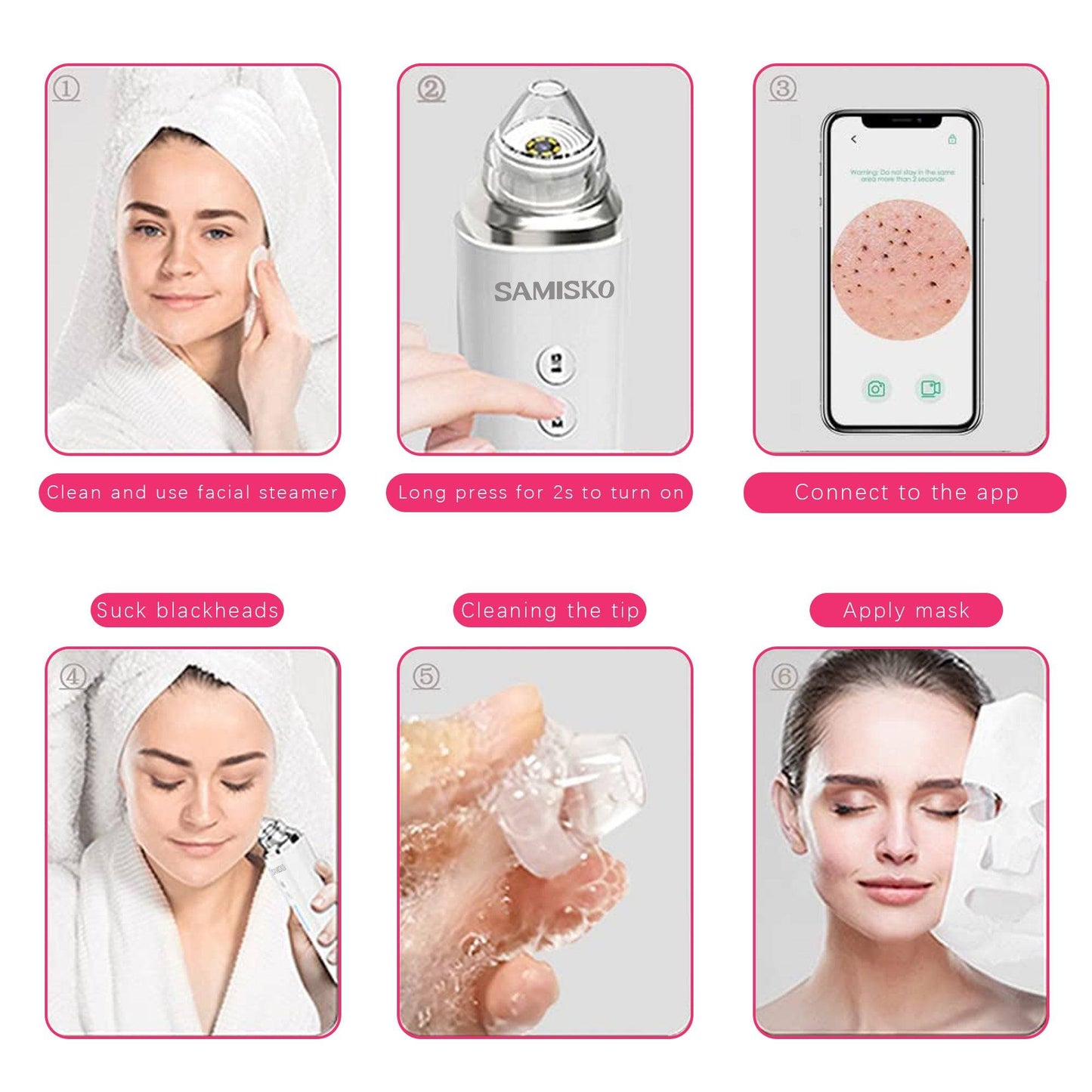 Vacuum Blackhead Remover with 6 Suction Heads, WIFI Visible Facial Pore Cleanser with HD Camera  USB Rechargeable Electric Blackhead Suction Tool