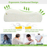 Ergonomic contoured design pillow with usage scenarios and benefits on a white background