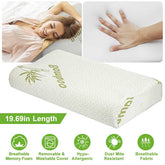 Memory foam pillow with brand logo, woman sleeping, and close-up of hand on pillow. Features listed below the pillow.