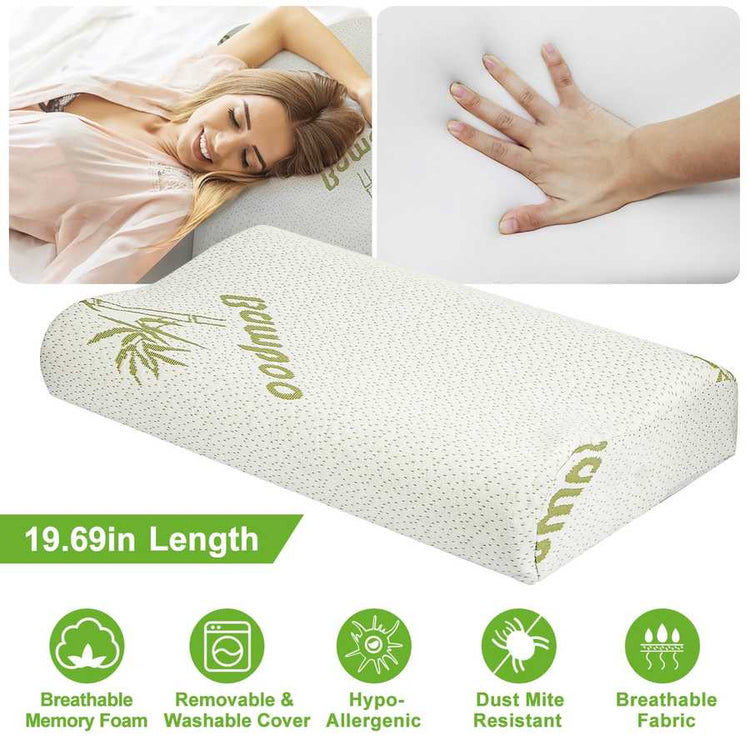 Memory foam pillow with brand logo, woman sleeping, and close-up of hand on pillow. Features listed below the pillow.