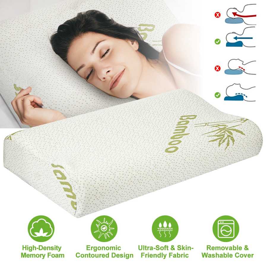 Woman sleeping with a bamboo pillow, featuring product benefits on a white background