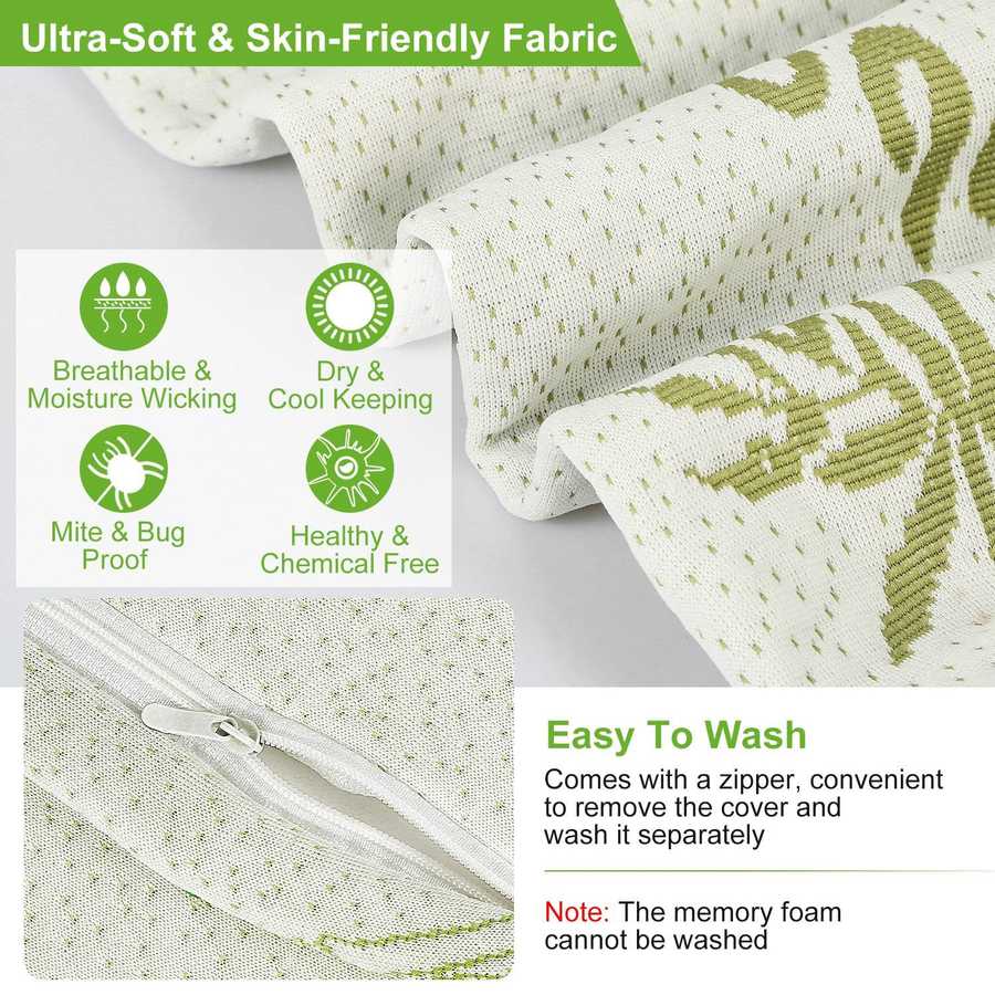 Textured fabric with green patterns on a light gray background, featuring text about fabric properties and washing instructions.