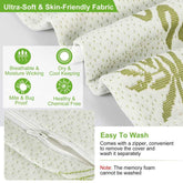 Textured fabric with green patterns on a light gray background, featuring text about fabric properties and washing instructions.