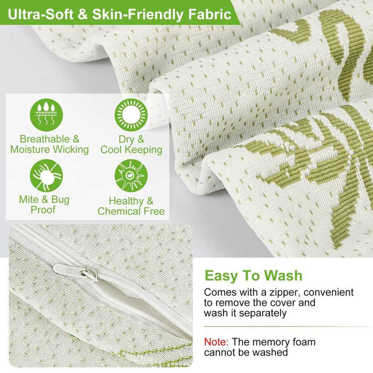 Textured fabric with green patterns on a light gray background, featuring text about fabric properties and washing instructions.