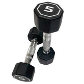 Pair of black hexagonal dumbbells with number 5 on a white background