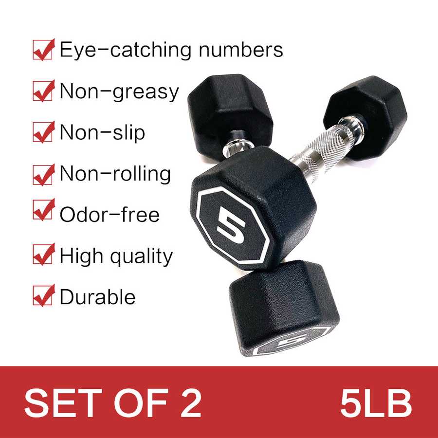 Pair of black dumbbells with hexagonal weights and a visible brand logo, on a white background with feature text.