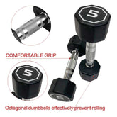 Pair of black dumbbells with octagonal design and weight indicator, showing close-up of grip and text about comfort and rolling prevention.
