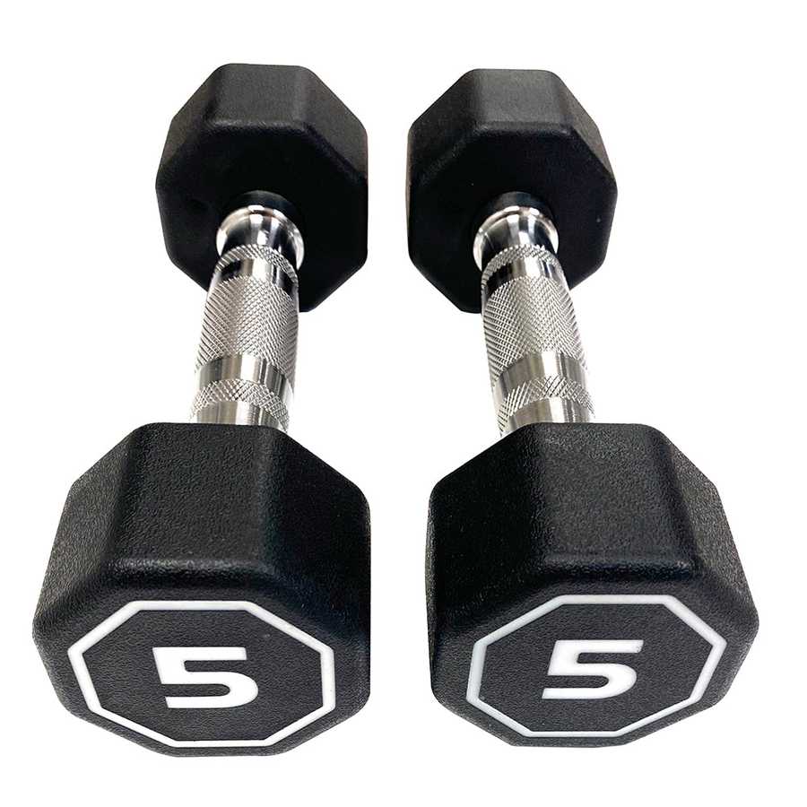 Pair of black hexagonal dumbbells with &