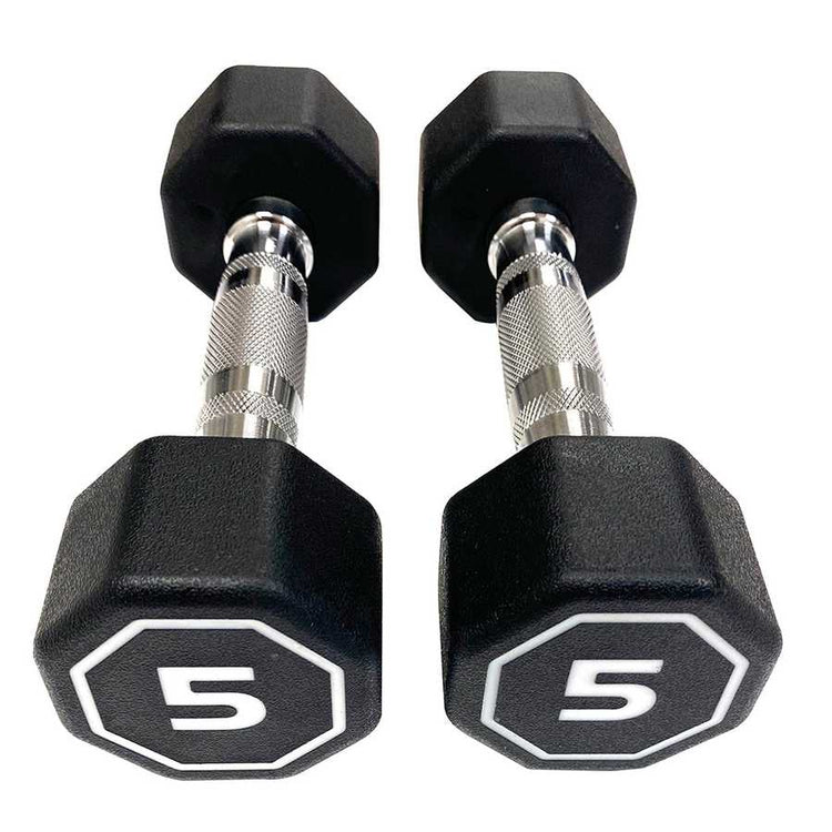 Pair of black hexagonal dumbbells with &