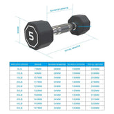 Dumbbell with measurement details and specifications table on a white background