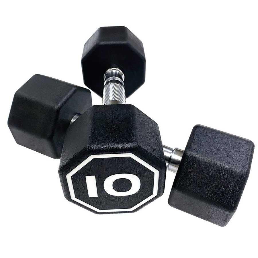 Pair of black hexagonal dumbbells with a &