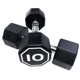 Pair of black hexagonal dumbbells with a &