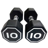 Pair of black hexagonal dumbbells with &