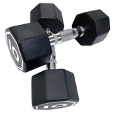 Pair of black hexagonal dumbbells on a white background