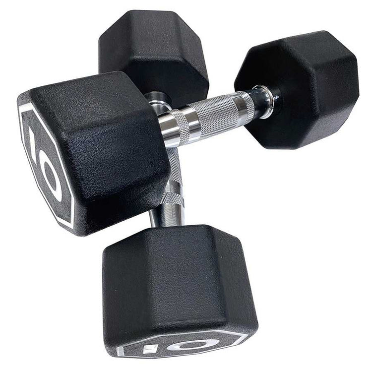 Pair of black hexagonal dumbbells on a white background