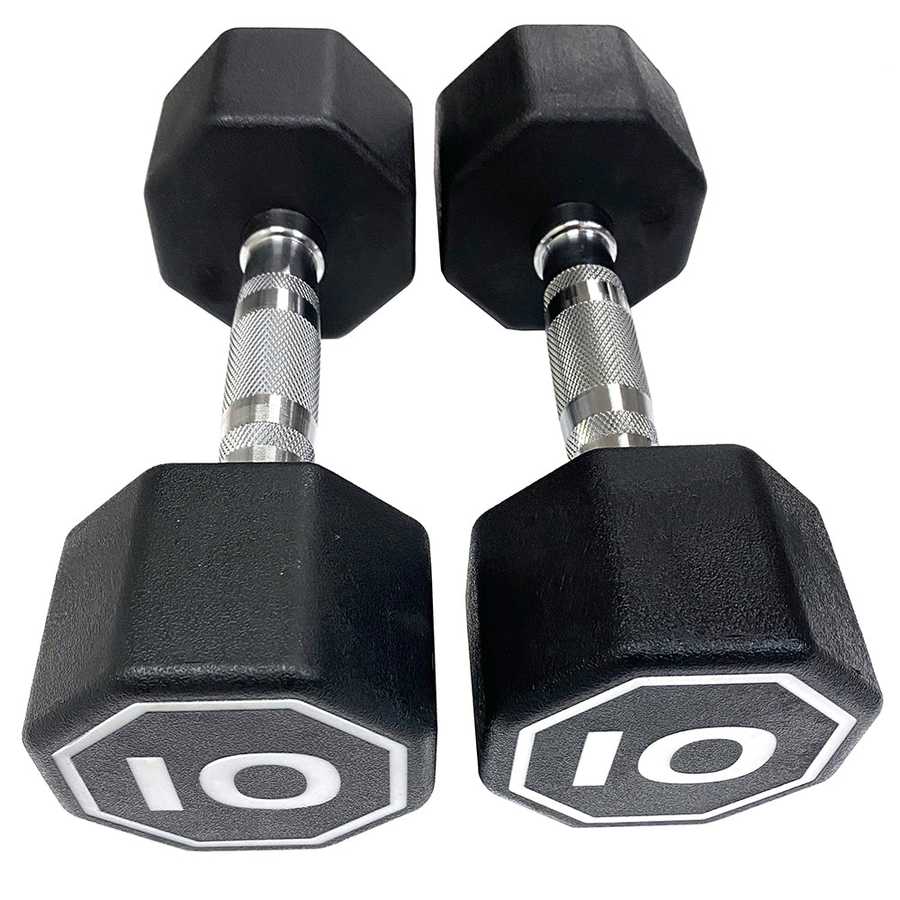Pair of black hexagonal dumbbells with &