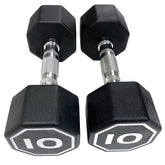 Pair of black hexagonal dumbbells with &