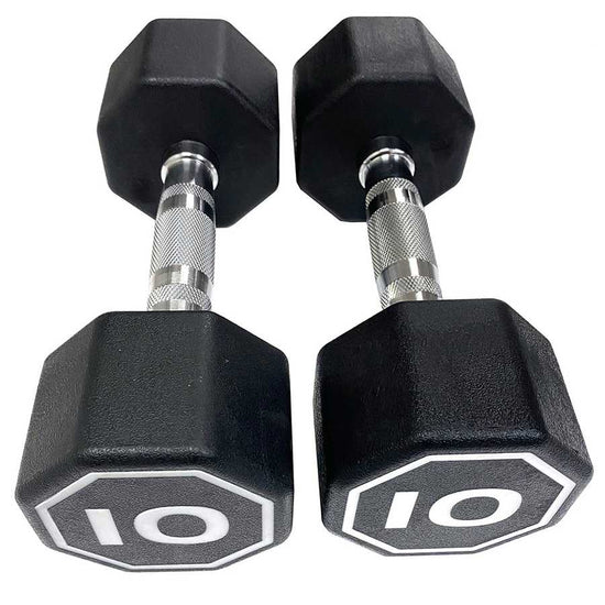 Pair of black hexagonal dumbbells with &