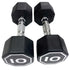 Pair of black hexagonal dumbbells with &