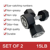 Pair of black dumbbells with a red banner displaying features and weight on a white background