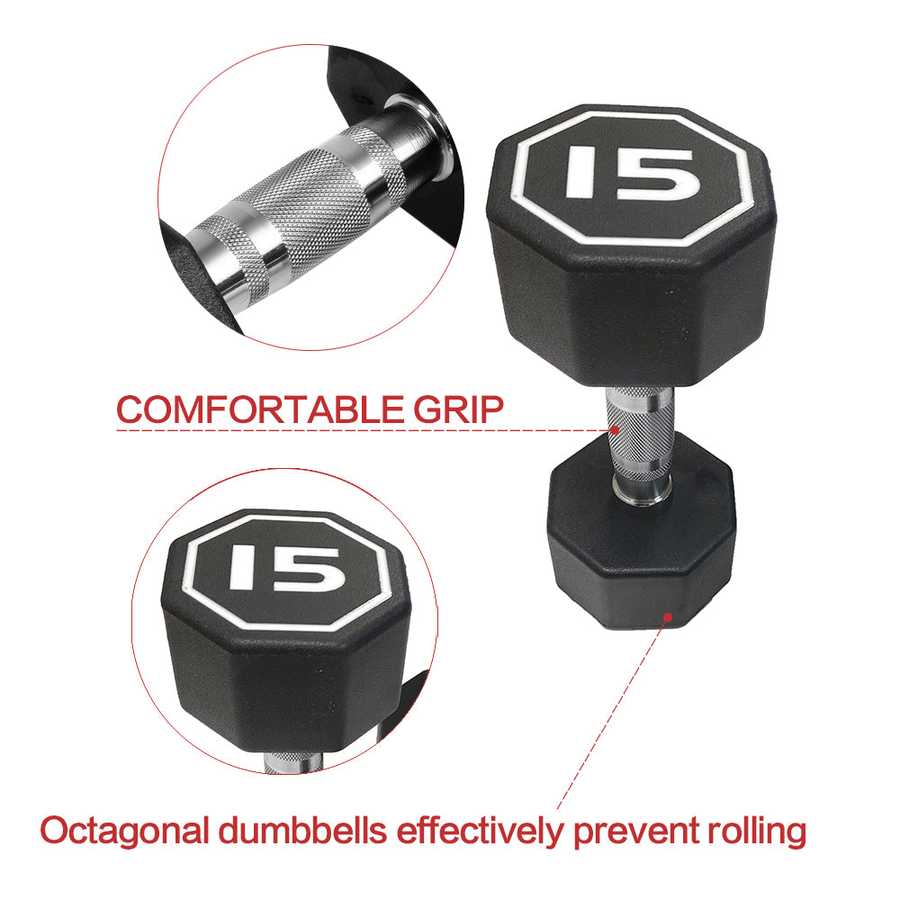 15-pound hexagonal dumbbell with comfortable grip feature on a white background