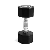 Black hexagonal dumbbell with a weight marking on a white background