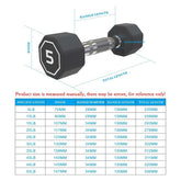 Dumbbell with measurement chart showing specifications and dimensions.