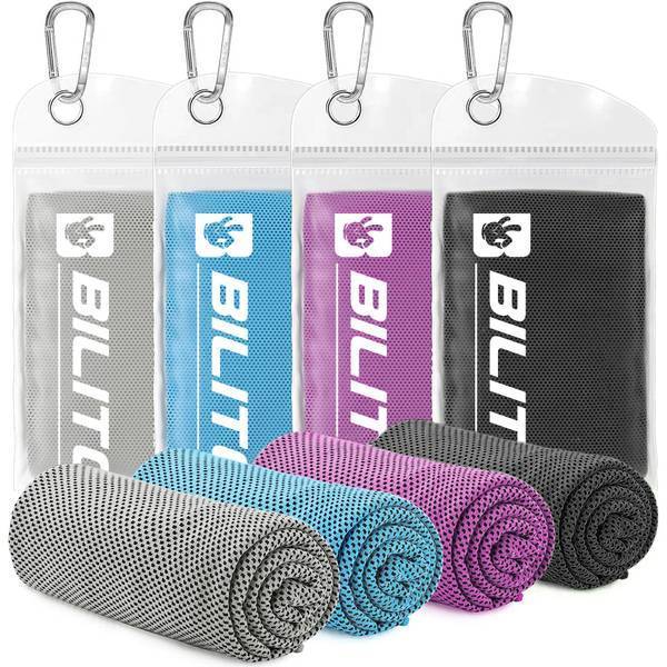 Superfiber Cooling Towels in gray, blue, purple, and black with mesh design and carabiner pouches for easy outdoor use.
