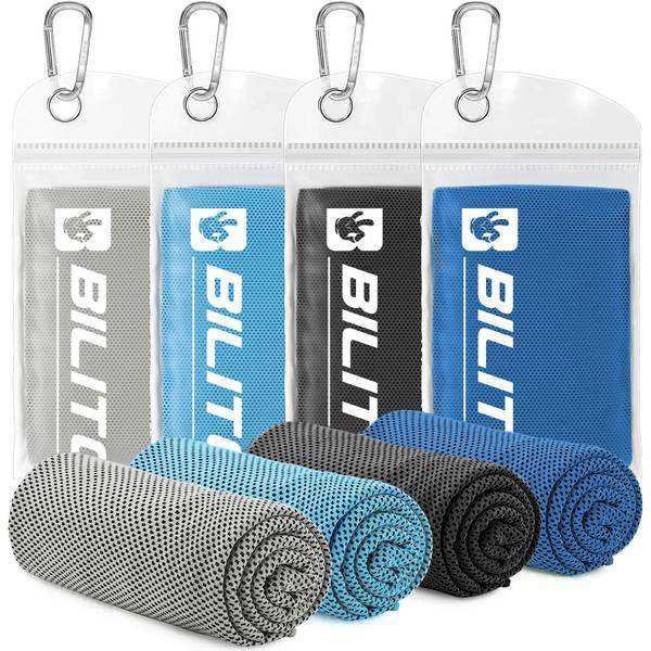 Assorted Superfiber Cooling Towels in blue, gray, and black with breathable mesh and carabiner pouches for active lifestyles.