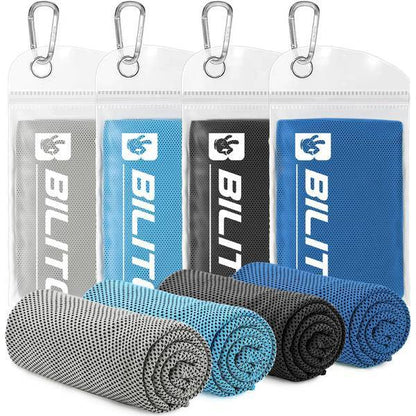 Assorted Superfiber Cooling Towels in blue, gray, and black with breathable mesh and carabiner pouches for active lifestyles.