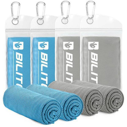 Superfiber Ice Towels in light blue and gray, perfect for golf and outdoor sports with rapid cooling and eco-friendly material.