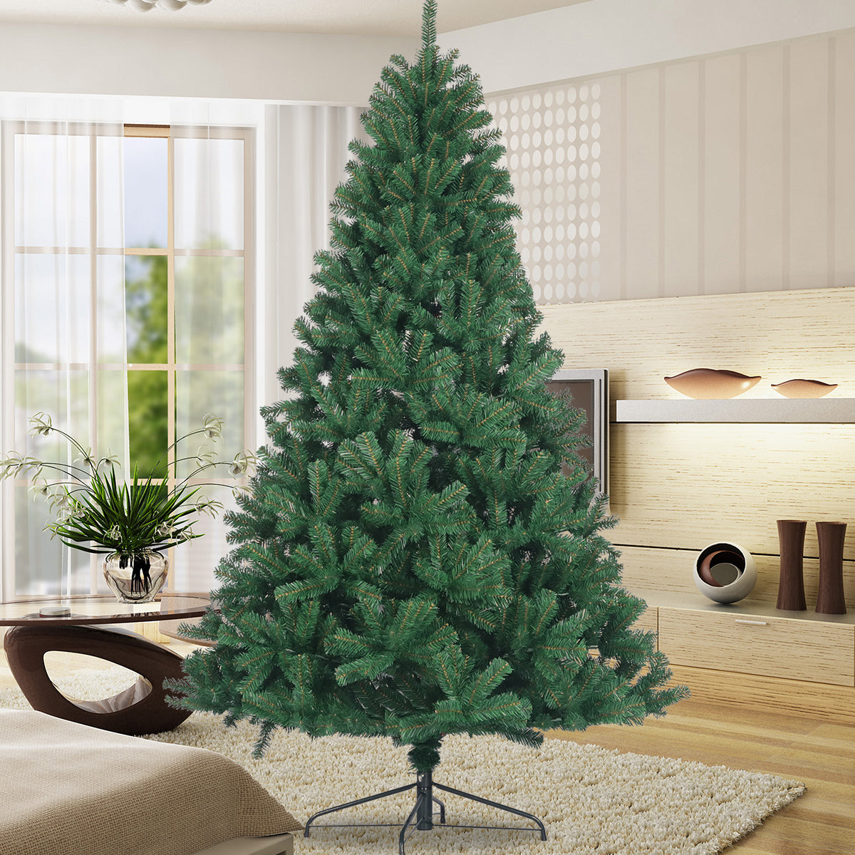 Artificial Christmas Tree Full Natural Spruce PVC Fir Tree 7.5ft Foldable Metal Stand Unlit Green MLNshops]