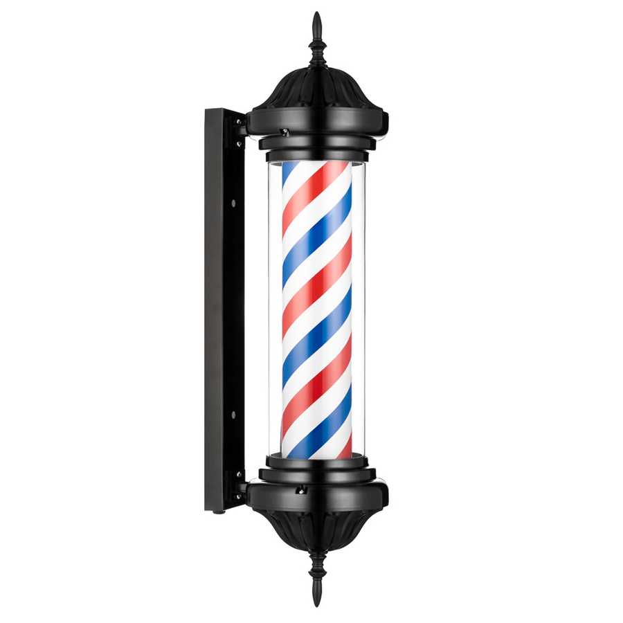 Vertical barber pole LED sign with red, white, and blue stripes